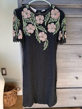 Vintage Laurence Kazar Black Dress with Pink Floral Embellishment